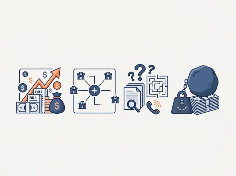 Illustration showing rising medical costs, Medicare plan options, confusion with paperwork, and financial burden on seniors