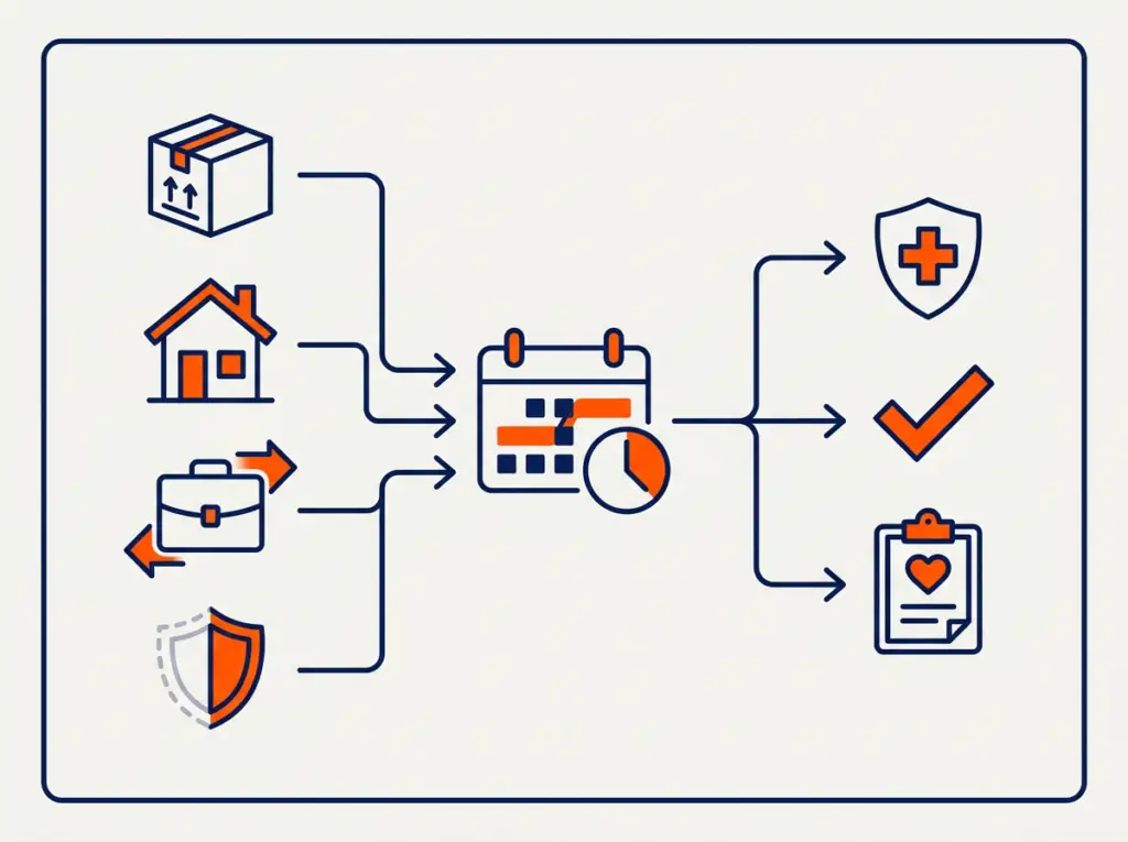 Illustration showing Medicare plan review process including coverage verification, scheduling, approval, and personalized healthcare plan selection