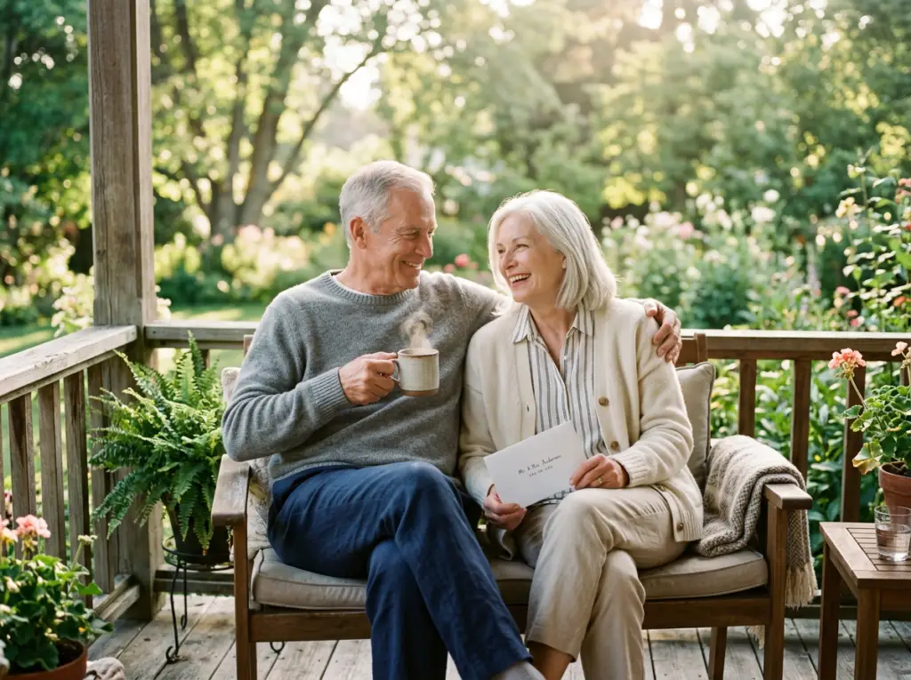 Senior couple reviewing Medicare options together on a porch with a licensed agent helping them choose the right plan