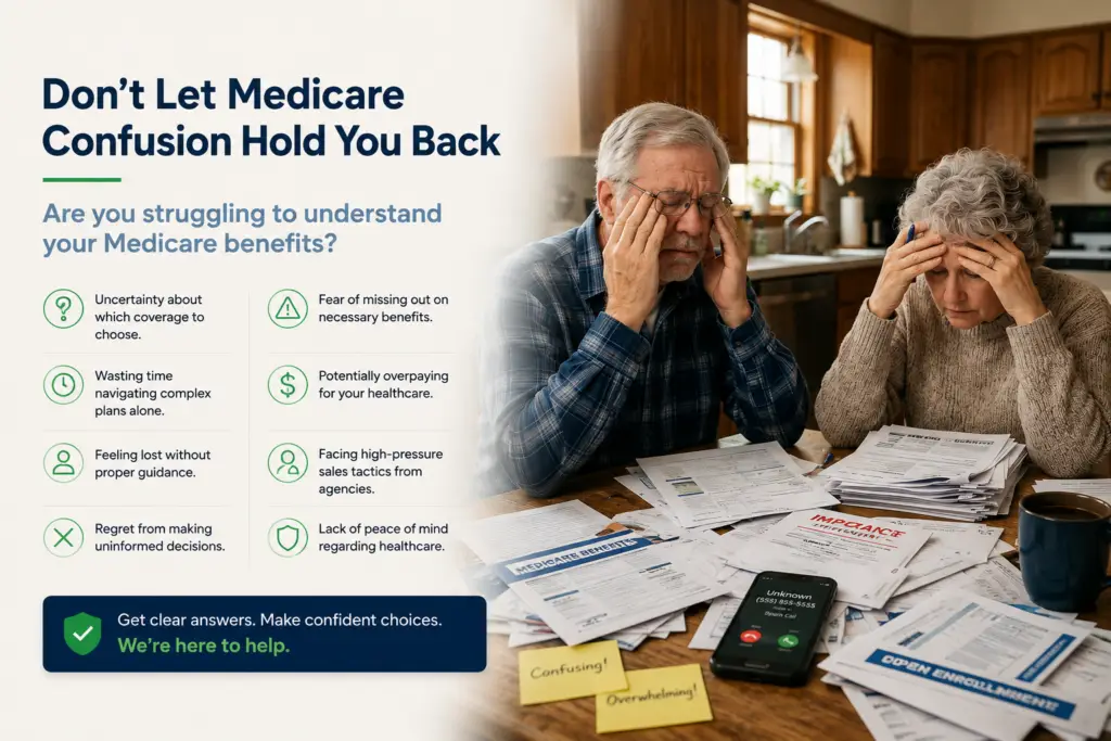 Older couple overwhelmed by Medicare paperwork and solicitations while learning how to simplify Medicare coverage decisions with PeacefulMedicare.com.